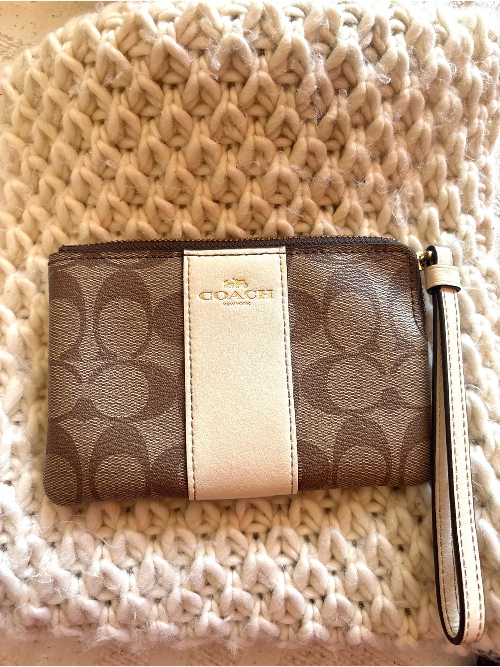 Coach Brown Signature Canvas Wristlet with Cream Stripe
